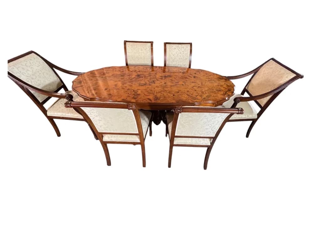#7488 • $22,000 Magnificent Maggiolini-Style Italian Marquetry Dining Table with Six Custom-Upholstered Chairs, Gallery Collection, One of a Kind