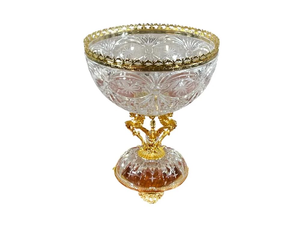 #7202 • Creart (Italy) 24% Lead Hand-Cut Crystal Centerpiece Bowl on Gilt Metal Stand, 12"H