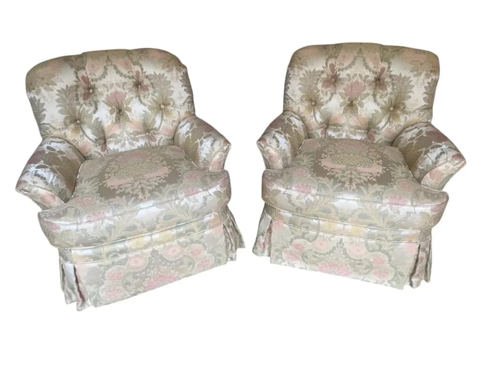 #9471 • Pair of Harden Tehmina Swivel Rocker Lounge Chairs with Custom Floral Damask Upholstery