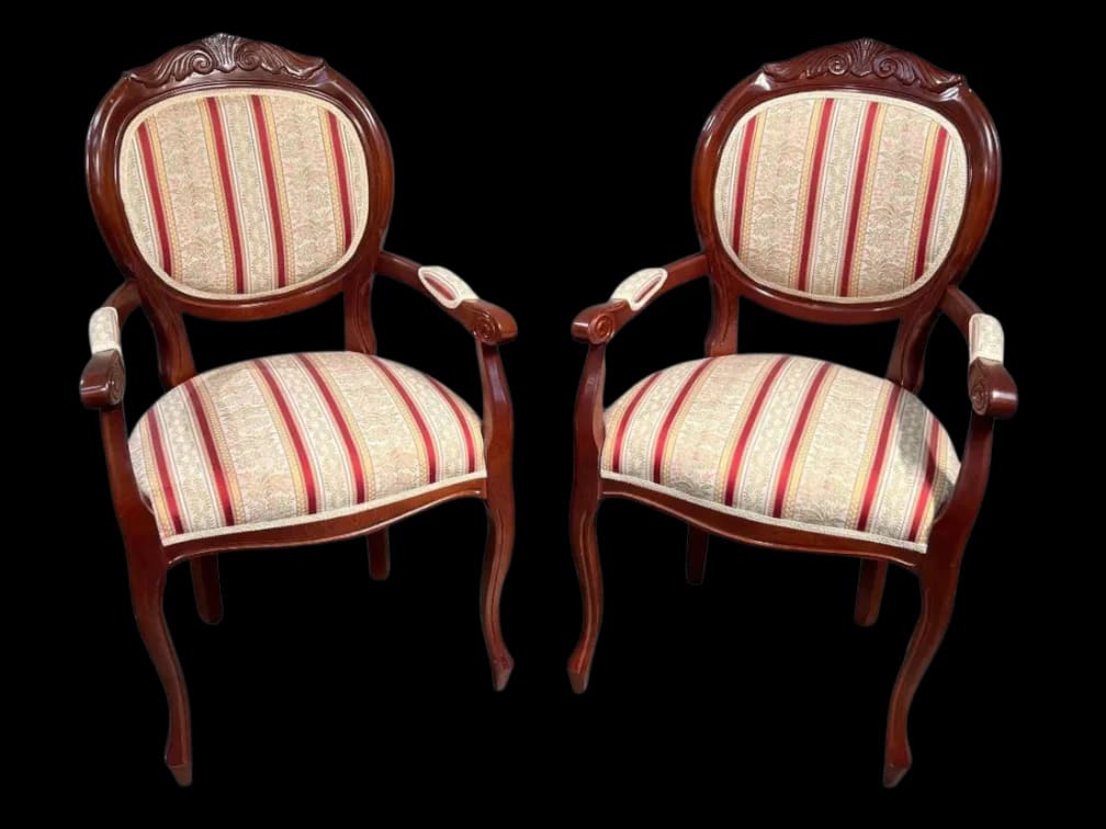 #4110 • $1,400 Italian Mahogany Ballback Armchair Set with Floral Striped Upholstery