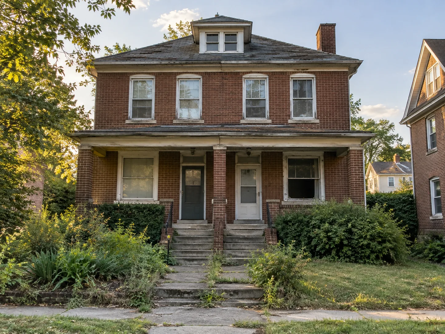 Illustrative vacant brick duplex with weathered trim and overgrown landscaping